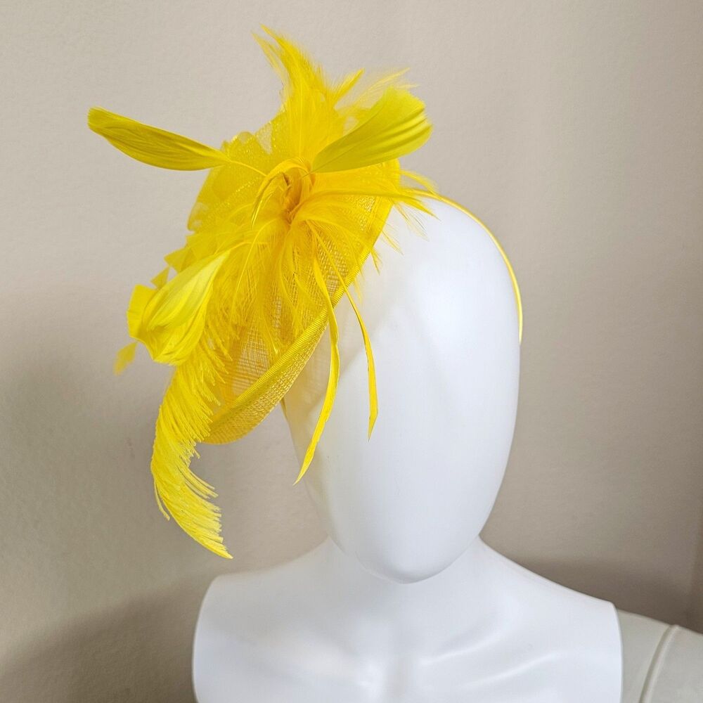 Yellow Fascinator Headband Hair Clip Feathers & Flower Kentucky Derby Tea Party